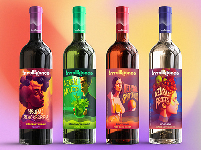 Intelligence wine ai beverage branding design graphic design illustration intelligence logo neural package packaging psychedelic typography weird ai wine bottle wine label