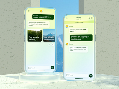 Travis - an AI travel planner app 3d app branding chatbot gradient icon mobile mockup travel typography ui ux
