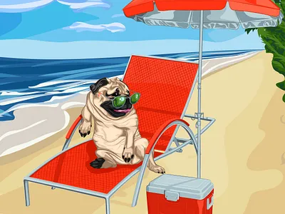Отдыхающий мопс на шезлонге в солнцезащитных очках cloud