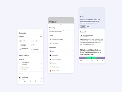 Axios App: Discover view & updated channels axios axios app design mobile mobile app news newsletters product design ui