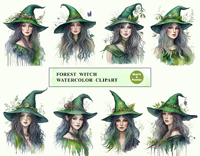 Free Forest Witch Watercolor Clipart Bundle clipart design digital art digital download druid witch clipart forest witch forest witch clipart forest witch png free free download freebie graphic design green witch ephemera halloween crafts haunted forest illustration png watercolor witch designs witchy art