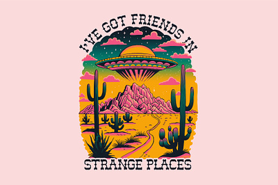 Friends In Strange Places aliens apparel arizona cactus desert graphic design hand drawn illustration southwest t shirt design ufo