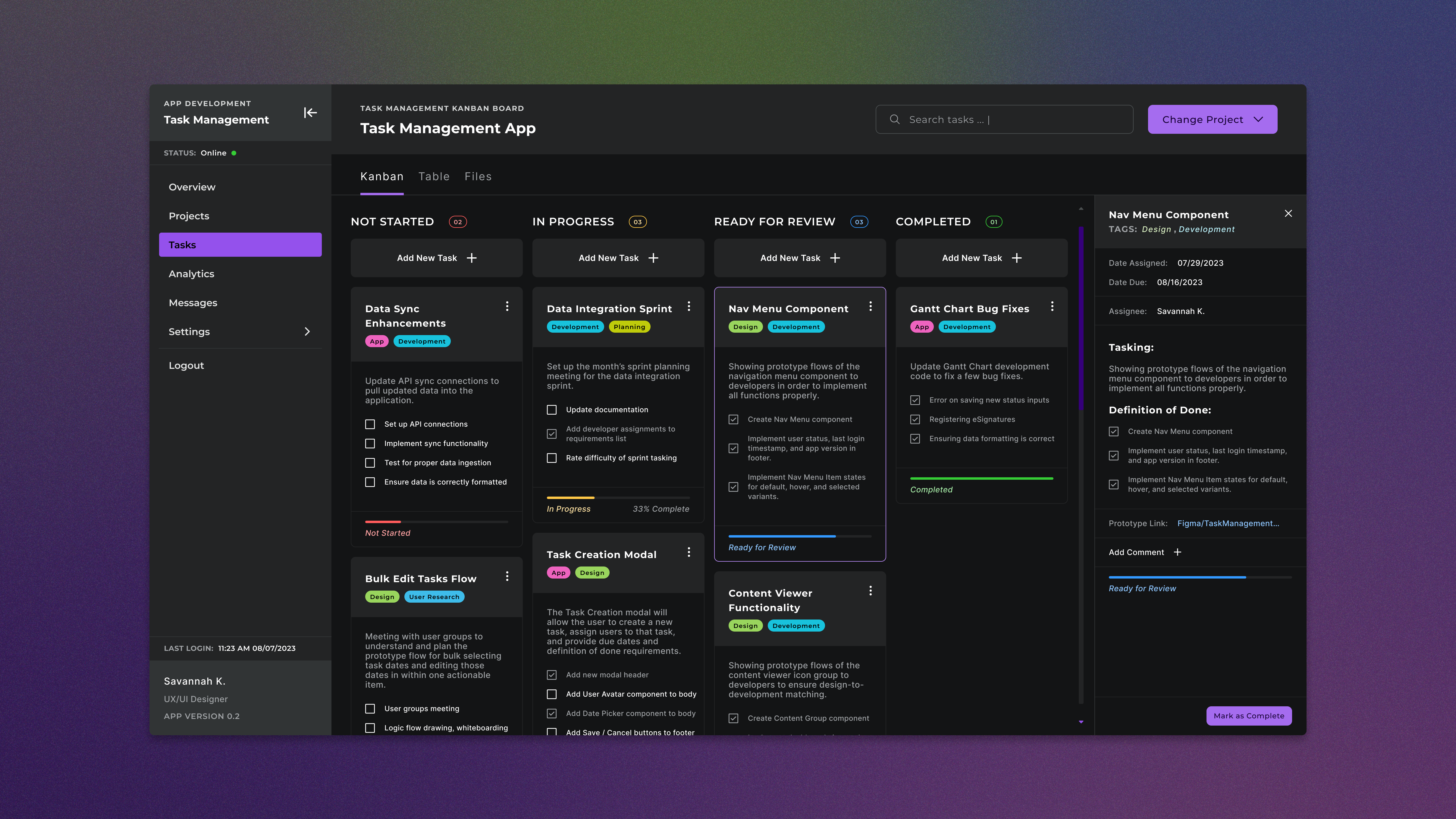 Task Management Dashboard cards chips dark theme dashboard figma kanban planner project management tags task management tracking ui design