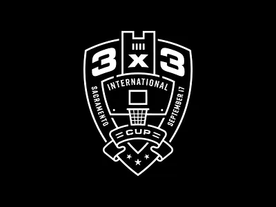 3x3 International Cup Logo 3x3 backboard banner basketball black crest cup hoops sacramento tower bridge white