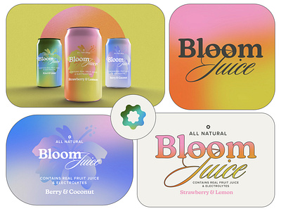 Bloom Juice branding can cans color drink drink label fruit gradient graphic design juice logo marketing package packaging pattern strawberry summer typography