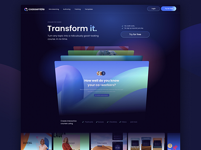 Coassemble Transform - New Product courses dark design gradients interaction design landing page learning presentation saas ui website