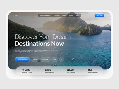 Travel booking UI design 2023 blue branding design glassmorphism graphic design hero section homepage illustration landing page minimal tour travel travel agency ui uidesign uiux ux