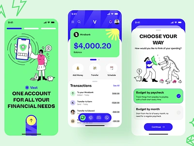 Vast - Finance App app assets blue branding design figma finance fintech graphic design green illustration mobile modern money ui unique ux vector vibrant