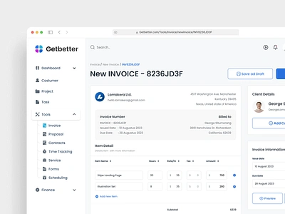 Getbetter Dashboard - Invoice Section activity card clean contract costumer design invoice lightmode management minimalist productivity project saas ui