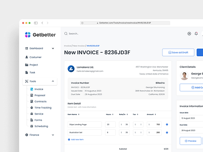 Getbetter Dashboard - Invoice Section activity card clean contract costumer design invoice lightmode management minimalist productivity project saas ui