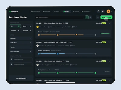 Inventar - Inventory Management - Purchase order flow app chain dashboard design erp fleet inventory management order product purchase saas sales shipment shipping supply tracking ui ux warehouse