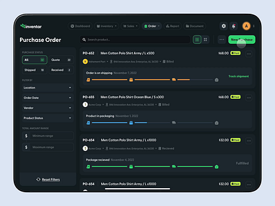 Inventar - Inventory Management - Purchase order flow app chain dashboard design erp fleet inventory management order product purchase saas sales shipment shipping supply tracking ui ux warehouse