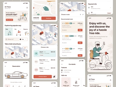 Ride-Sharing App UI app bike share booking app design illustration ios app map minimal mobile ofspace passenger rent ride ride app ride booking ride sharing rider rideshare trip uber