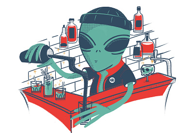 GINS & TONICS from another space alien bar character de design drinks gin and tonic graphic design illustration midcentury