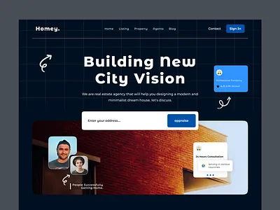 Homey - Real estate agency website booking branding building card city vision consultation graphic hero home layout mobile mobile ui people real es real estate search typography ui web website design