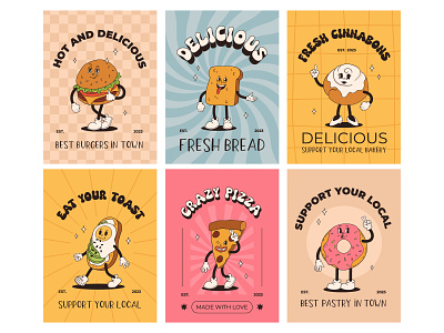 Bakery retro posters bakery bread burger character cinnabon concept design donut groovy illustration pastry poster retro toast vector vintage