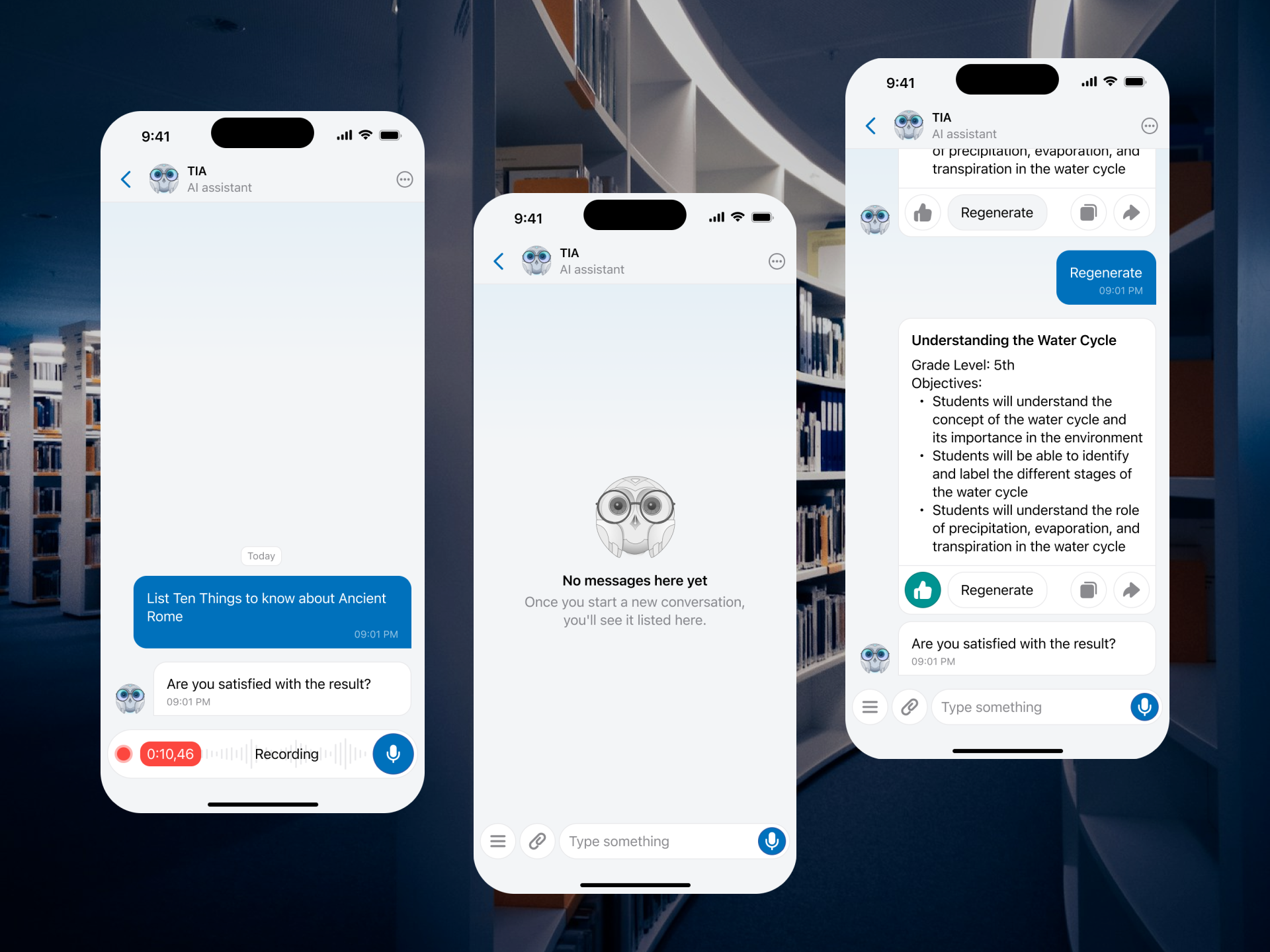 AI chat for students ai ai chat ai integration app blue chat design flat helper ios mobile mobile app ui mobile app ux on boarding owl school student ui ux voice