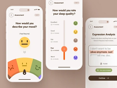 freud UI Kit: Mental Health AI App | AI Health Assessment UI UX brown clean green health health assessment healthcare mental health mental health ai mental health ai app mental health app mindfulness app minimal mobile mood onboarding stress app ui ui kit wellness app yelow