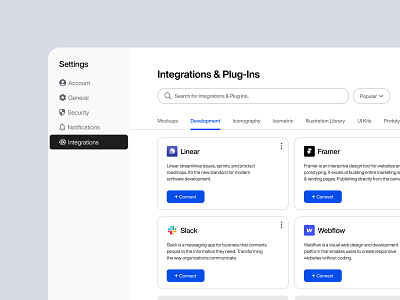 Integration Modal app design design system figma figma components iconography icons integrations landing page message minimalist modal platform plug in ui ui design ui screens