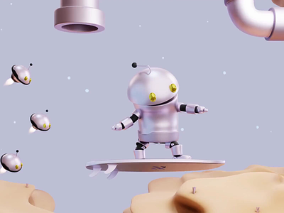 Little Robot Surfing Animation 3d animation art blender cartoon design illustration render robot surf