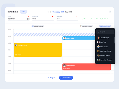 Find time slot for an interview app applicant applicants ats calendar candidate candidates find time hire hr interview plan recruitment saas time ui ui design ux ux design web