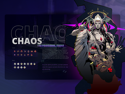 Hades Chaos Character Screen Design 2d chracter dark theme fantasy game design game ui gaming hades lore mythology stats ui ui ux ui design userinterface