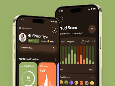 freud UI Kit: Mental Health AI App | Mindfulness Metrics UI/UX dark mode emotion app green health health tracker app meditation mental health mental health ai mental health ai app mental health app mindfulness mindfulness app mood app mood tracker mood tracker app orange ui ui kit virtual care wellness