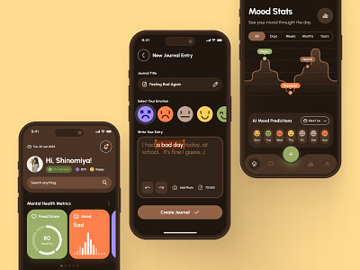 freud UI Kit: Mental Health AI App | Health Mood Journal UI/UX ai chatbot app brown dark mode green health journal healthcare mental health mental health ai mental health app mindfulness mindfulness app minimal mood mood tracker orange ui ui kit virtual care wellness