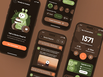 freud UI Kit: Mental Health AI App | Virtual AI Chatbot UI/UX ai assistant ai chatbot ai chatbot app app brown dark mode flat green healthcare mental health mental health ai mindfulness mindfulness app minimal mobile ui ui kit virtual care virtual chatbot wellness