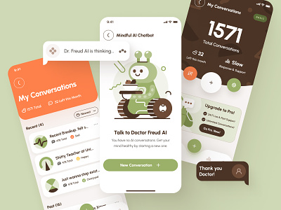 freud UI Kit: Mental Health AI App | Therapy AI Chatbot UI/UX ai chatbot app chatbot app flat green health health ai chatbot healthcare meditation mental health mental health ai mental health ai app mental health app mental health chatbot mindfulness mindfulness ai minimal orange ui ui kit virtual care