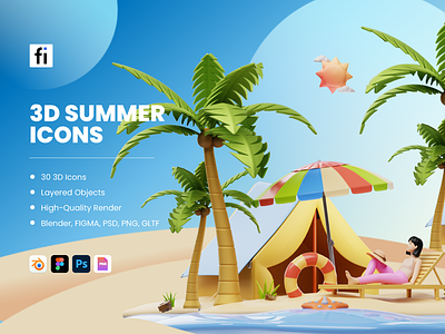 3D Summer Icon Set 3d branding design graphic design icons illustration ui