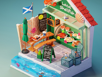 Oban Seafood Hut 3d 3d art blender cozy cuisine cute diorama gourmet harbor illustration isometric lowpoly modeling oban render scotland sea seafood shop travel