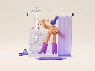 Splish Splash 3d blender blue boots brush character characterdesign cinema4d dance design flat vector illustration pink pipes product purple redshift shoes shower silver