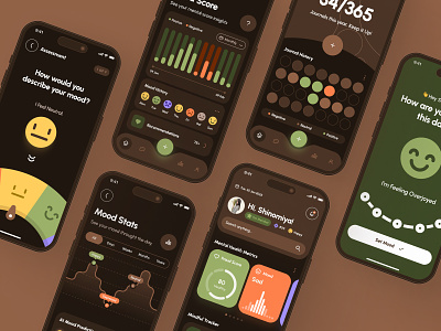 freud UI Kit: Mental Health AI App | Wellness Metrics Dark UI ai assistant app brown clean dark mode emotion green health journal mental health mental health ai mental health app mindfulnes mindfulness app minimal mobile mood mood tracker ui ui kit virtual care