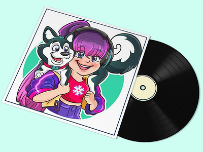 Cartoon portrait of a cute girl with her husky animal lover animation beautiful girl cartoon portrait cartoonist cd cover custom sticker design girl girl with husky green background happy girl illustration lovely husky mascot of pet mockup purple hair rebound shot sticker design tshirt pattern