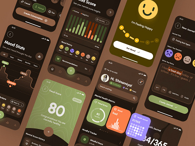 freud UI Kit: Mental Health AI App | Smart Mindfulness Dark UI app brown dark mode emotion app flat green healthcare mental health mental health ai mental health app mental health chatbot app minimal mobile mood tracker app orange therapy app ui ui kit virtual care wellness