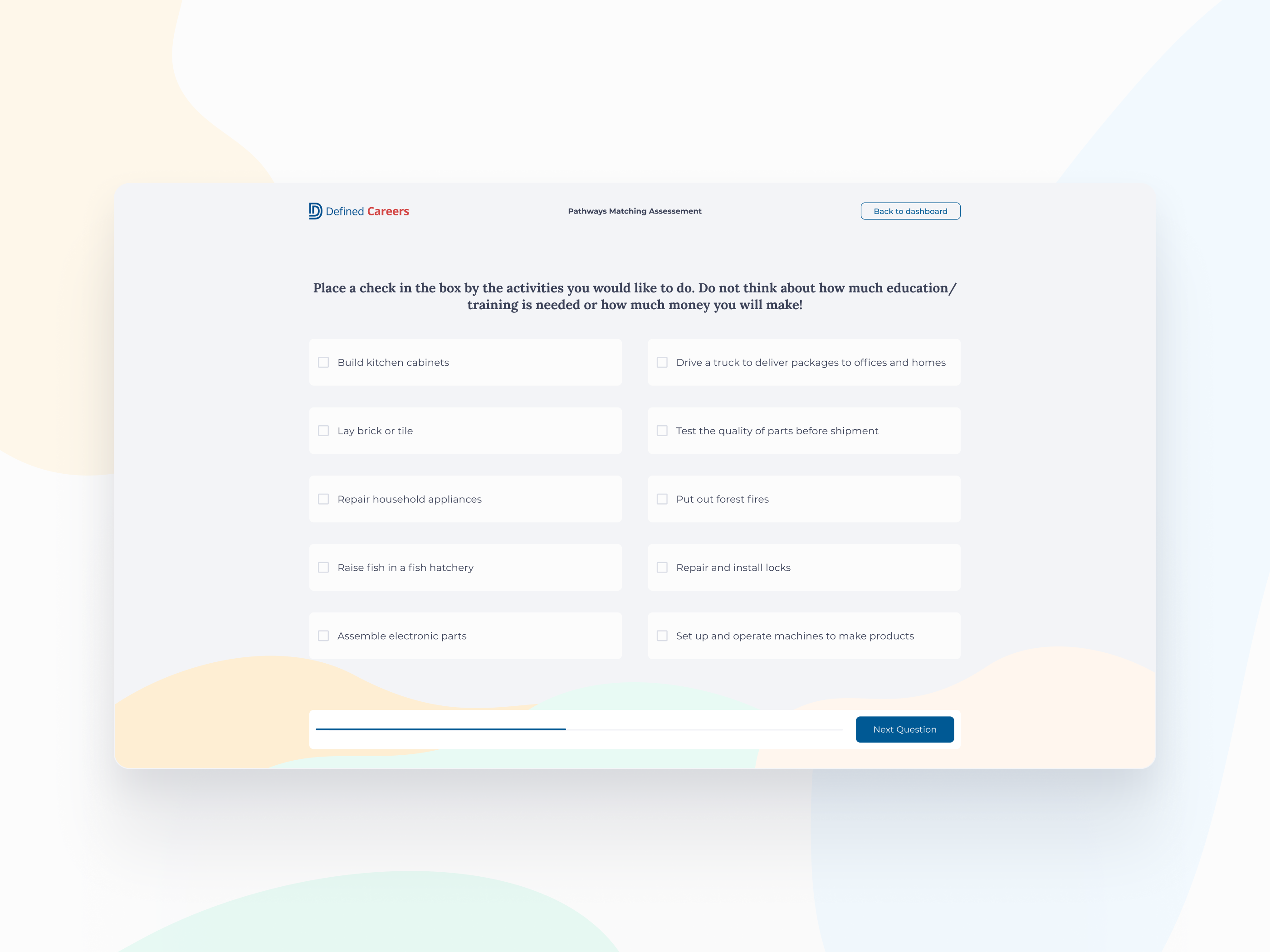 Defined Careers - Assessment test assessment checkbox dashboard elearning lesson lms quiz student test ui ux web webapp
