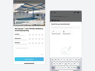 Share your feedback booking branding daily design digital feedback gradient illustration ios location logo mobile previous booking rating search location shot stars typography ui ux
