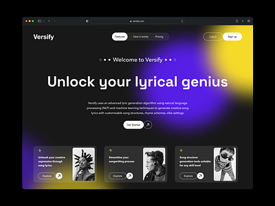 Versify - NLP Lyric Generation ai artificial intelligence branding graphic design interface design landing page design song lyrics uxui web app features