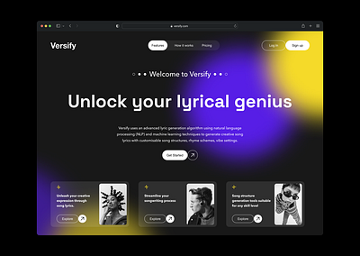 Versify - NLP Lyric Generation ai artificial intelligence branding graphic design interface design landing page design song lyrics uxui web app features