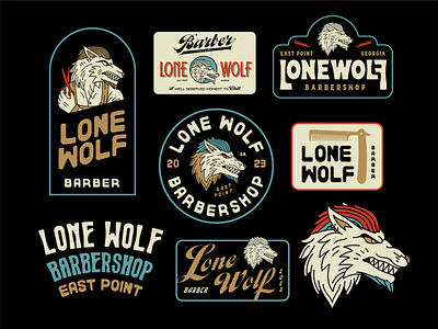 Lone Wolf Barbershop - Full Round up apparel badge badge design badges barbers barbershop branding clothing custom type design geometric graphic design illustration lineart logo merchandise minimal monoline t shirt wolf