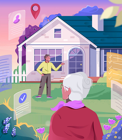 Retired woman is looking for a new house agent beautiful character color colorful community design elderly home house illustration lifestyle man men people plan retired retirement vector woman