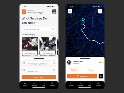 Home & Location Screens app cars category contact delivery design fixing help home location map mobile navigation order service trailer typography ui uiux ux