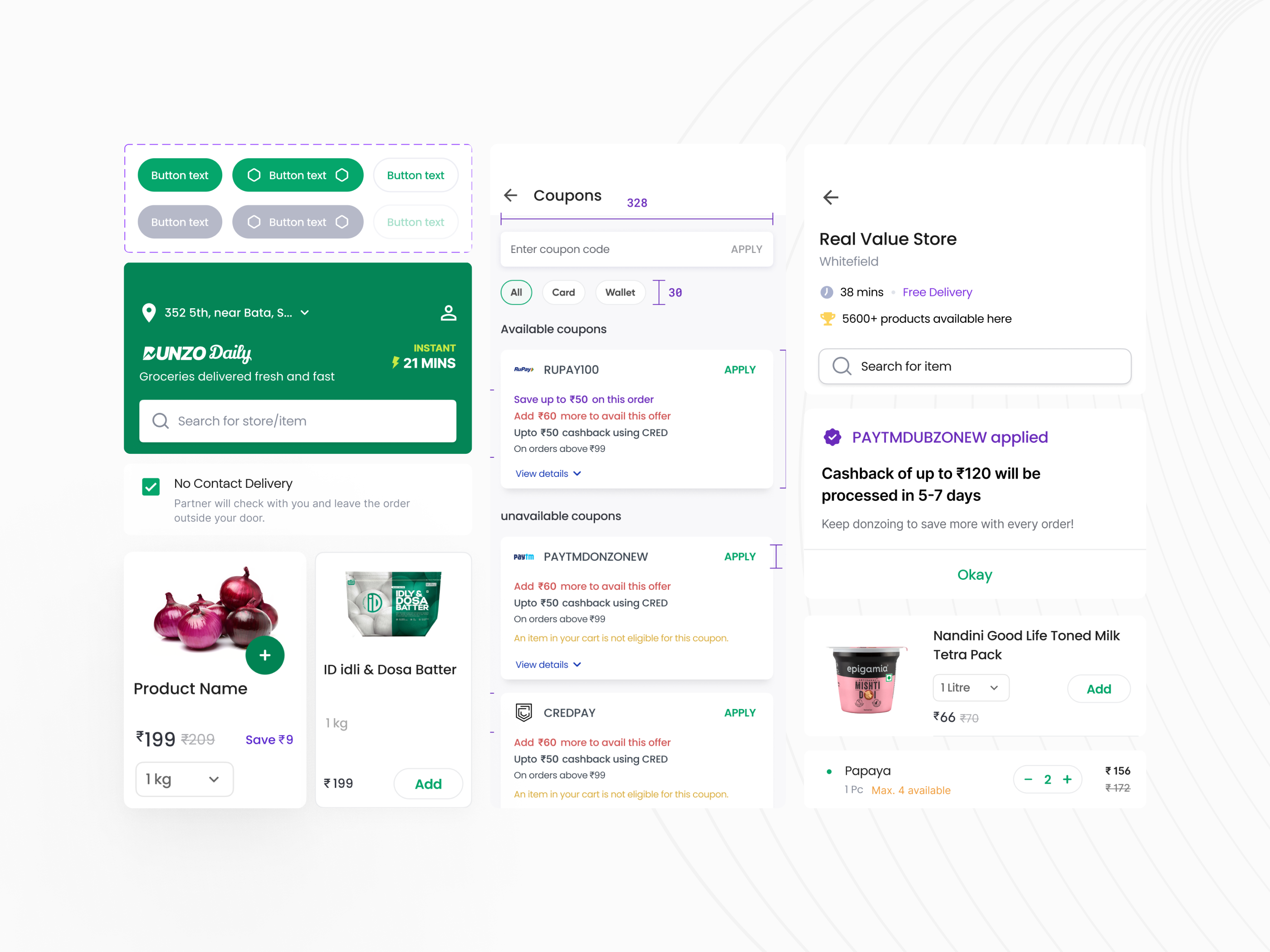 Grocery App Mobile Kit (Free Demo) app appdesign art badge brand branding button clean concept designsystem dunzo grocery illustration mobileuikit ui