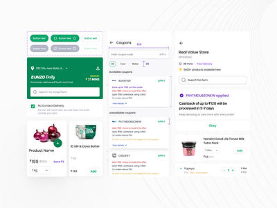 Grocery App Mobile Kit (Free Demo) app appdesign art badge brand branding button clean concept designsystem dunzo grocery illustration mobileuikit ui