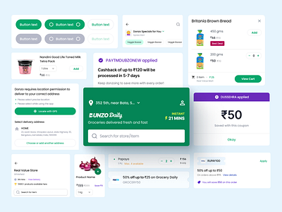 Grocery App Mobile Kit (Free Demo) app appdesign art badge brand branding button clean concept designsystem dunzo grocery illustration mobileuikit ui