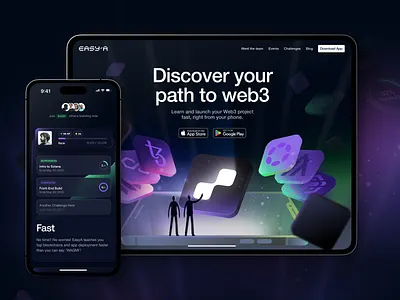 EasyA Redesign app bold challenge crypto education gradient hero illustration landing page mobile app web design web3 website