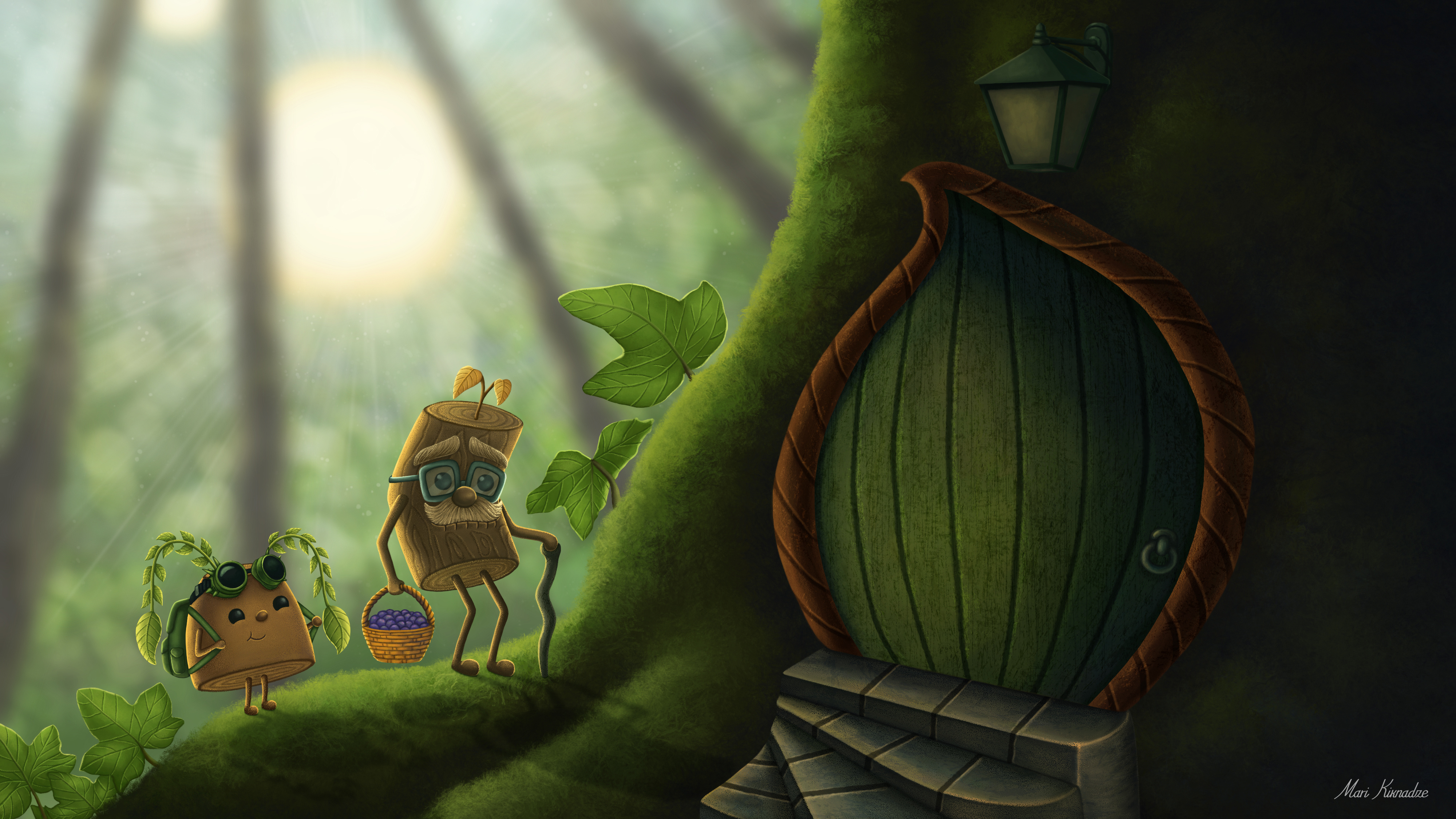 Under Strange Suns ahartcomp2023 cute characters environment art forest granddaughter grandpa home key moment art keyframe art leaves magical nature peaceful photoshop sun trees under strange suns village woodfolk woods