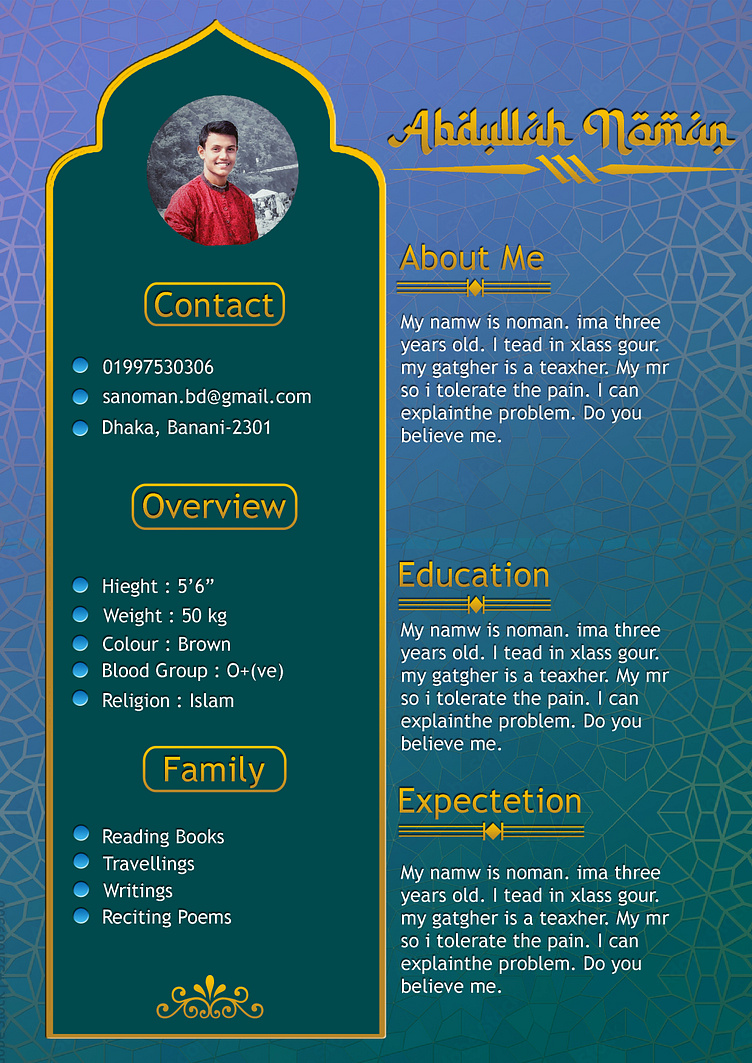 A matrimonial biodata design for marriage by Shah Abdullah Al Noman on ...