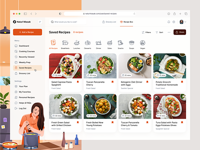 Food Meal Planners Dashboard 🍲 breakfast chef cook dashboard dessert dinner food illustration ingredients meal menu potato recipe salad sidebar snacks soup sushi tomato vegan